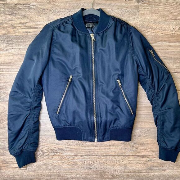 Topshop Womens Blue‎ Full Zip Ruched Long Sleeve Lined Bomber Jacket Size 4 - Picture 1 of 9
